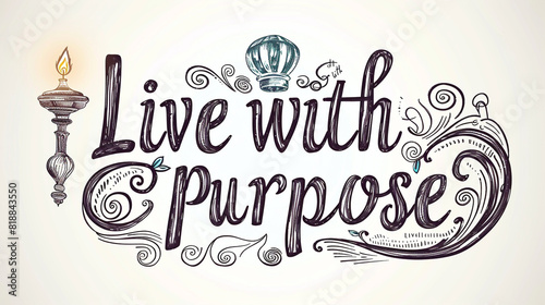 Exquisite calligraphic strokes crafting the phrase "Live with Purpose" with intentional elegance and meaningful direction, pursuing passion and fulfillment.