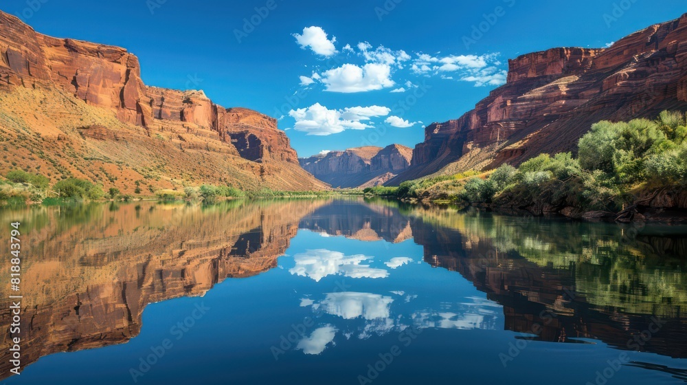 Fototapeta premium The image showcases a stunning view of a canyon with sheer cliffs reflected in the tranquil river beneath a blue sky dotted with clouds