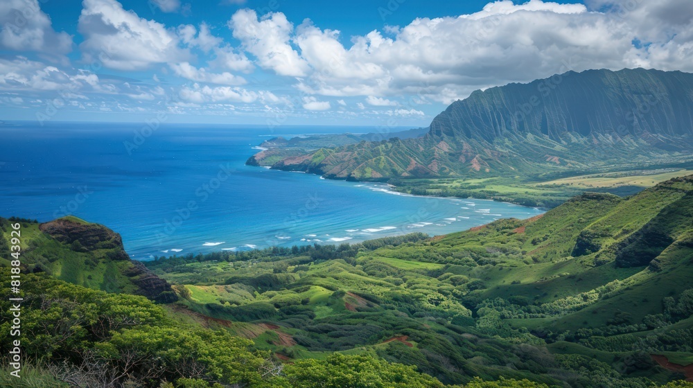Vibrant image capturing the stunning scenery of a coastal region with lush greenery and deep blue ocean waters Vibrant image capturing the stunning scenery of a coastal region with lush greenery and deep blue ocean waters