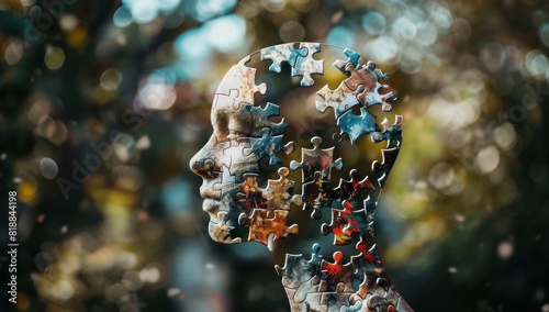 A humanoid head made of puzzle pieces