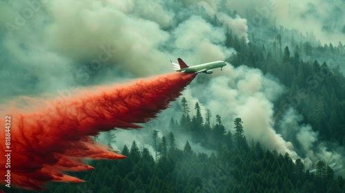 Close-up of fire retardant being dropped from an aircraft to suppress a forest fire photo
