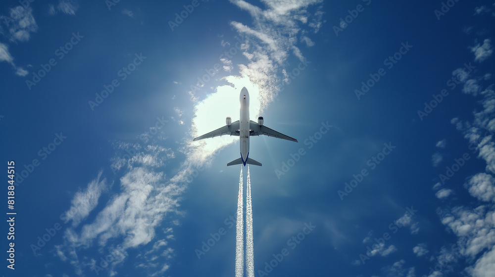 Commercial airline with blue sky and sun on the background Commercial airline with blue sky and sun on the background