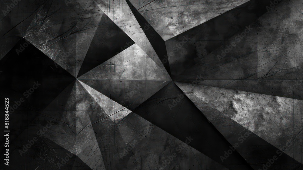 Monochromatic image featuring a complex overlay of geometric shapes and textured patterns