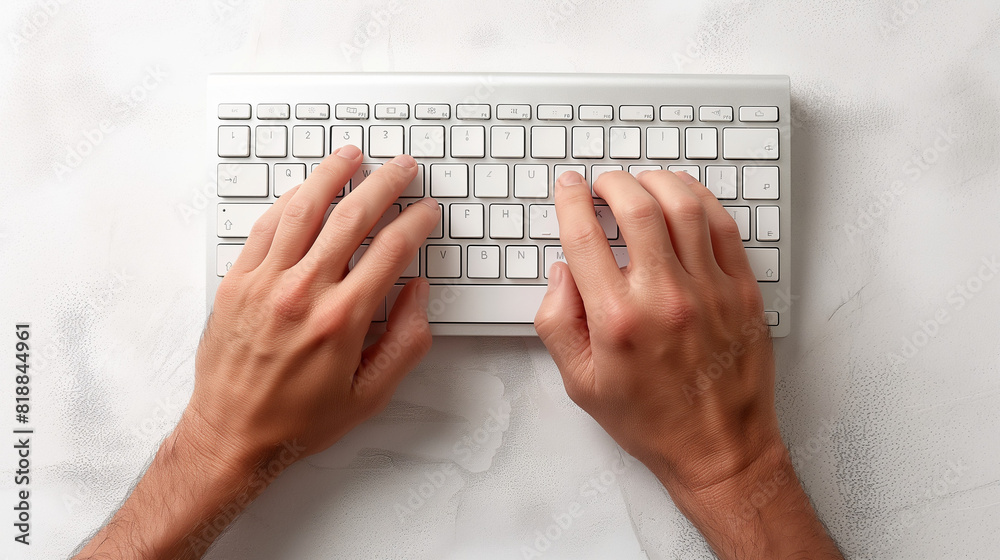 Close up hands and fingers typing on a white computer keyboard. Close up hands and fingers typing on a white computer keyboard.