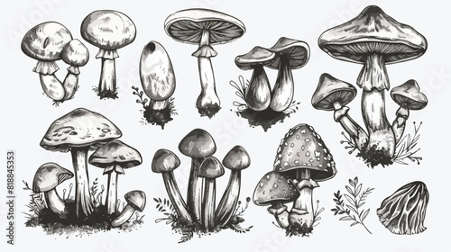 Set hallucinogenic mushrooms. Collection isolated on white background photo