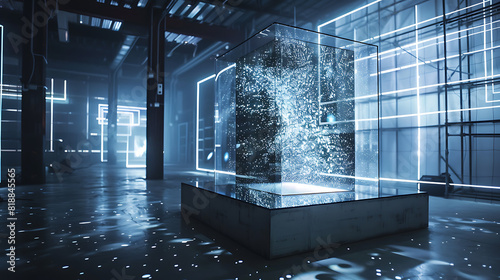 Holographic Display Podium: Futuristic Transparent Podium with Holographic Lights in Dimly Lit Room
