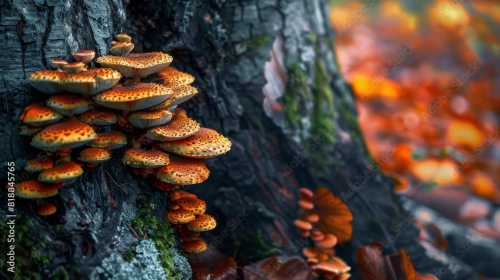 Close-up of mushrooms growing on the base of a tree, adding a touch of beauty to the forest Close-up of mushrooms growing on the base of a tree, adding a touch of beauty to the forest