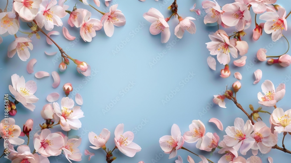 Blue background with a frame made of spring blossoms with space for text