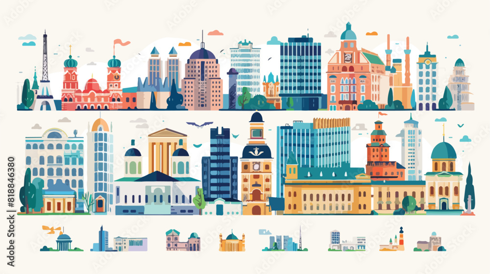 Set of Minsk city buildings famous places in flat style
