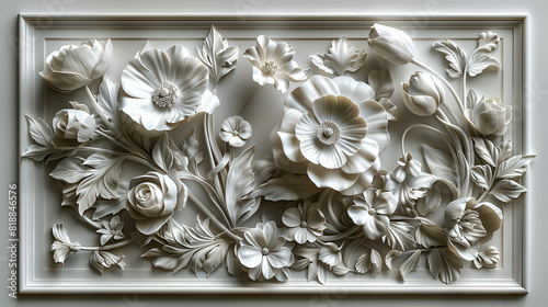 White Bas-relief of Flowers on Framed Panel,
Ancient floral bas-relief with floral ornament
 photo