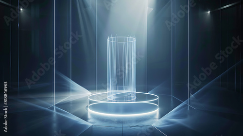 Holographic Display Podium: Futuristic Transparent Podium with Holographic Lights in Dimly Lit Room