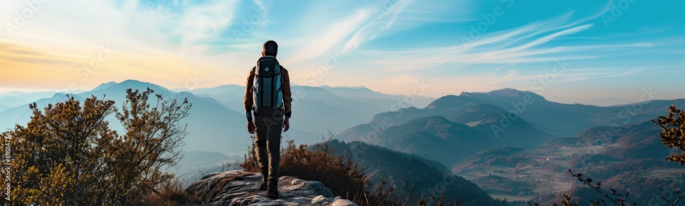 Person with a backpack walking on a mountain. Travel background. Banner