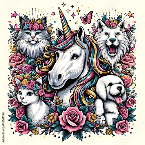 Many animals with a unicorn and a dog image used for printing attractive has illustrative.