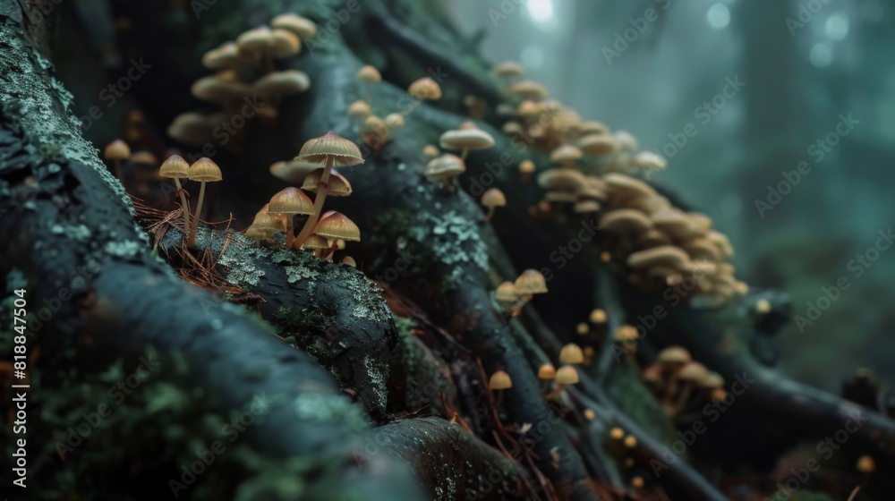 Close-up of tiny mushrooms emerging from the decaying roots of a fallen tree Close-up of tiny mushrooms emerging from the decaying roots of a fallen tree