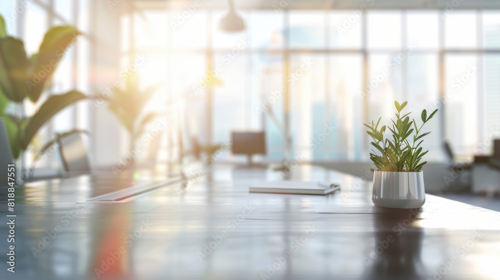 Blurred workplace with panoramic windows, office in the morning, interior for business presentation background Blurred workplace with panoramic windows, office in the morning, interior for business presentation background