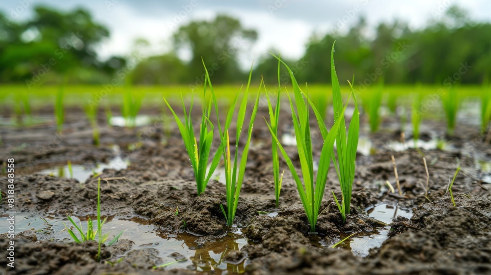 Close-up of young rice seedlings emerging from the flooded soil in a freshly planted field Close-up of young rice seedlings emerging from the flooded soil in a freshly planted field
