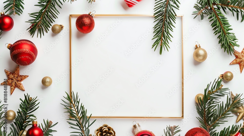 Festive Christmas flat lay with red ornaments, gold stars, and evergreen branches framing a blank white space for holiday text or design. Festive Christmas flat lay with red ornaments, gold stars, and evergreen branches framing a blank white space for holiday text or design.