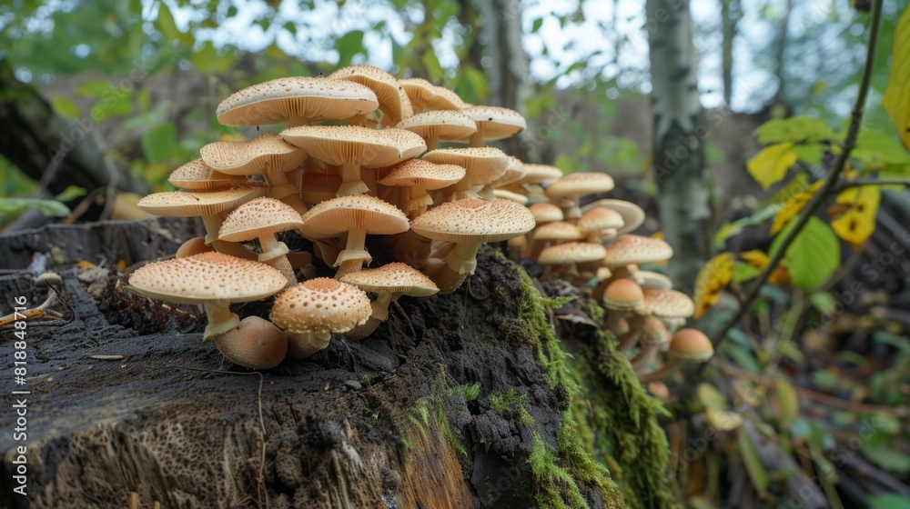 Cluster of assorted mushrooms flourishing on the moist bark of a tree stump Cluster of assorted mushrooms flourishing on the moist bark of a tree stump