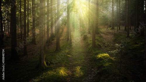 Magical sun beams in the forest with a woodland path. 