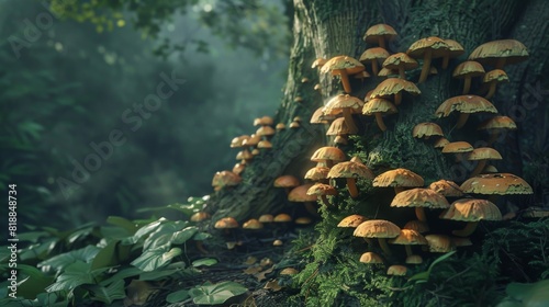 Close-up of wild mushrooms growing on the base of a tree trunk in a lush forest