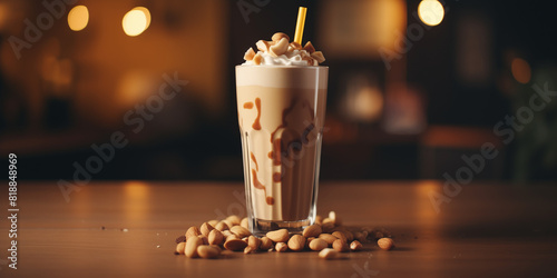 A creamy smoothie blend of chocolate, caramel, and peanuts, captured in 8K HD quality with mouthwatering detail. 