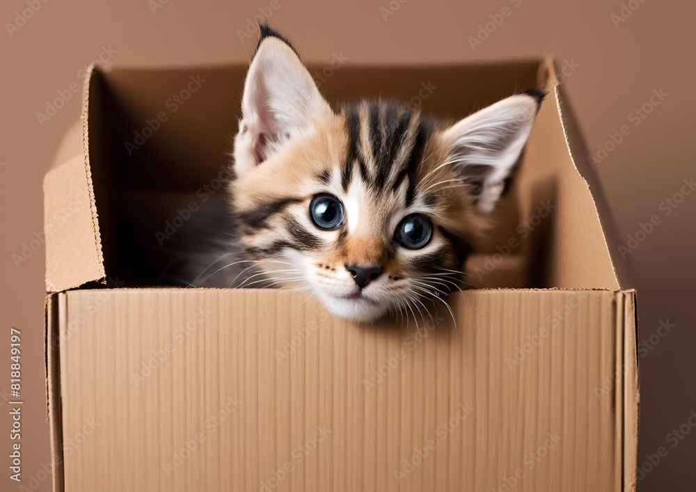 Kitten head peeking over a brown cardboard box. Pet adoption, shelter, rescue, and assistance for pets. Front view.