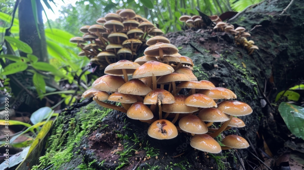 Cluster of wild mushrooms growing on the base of a tree trunk amidst lush greenery Cluster of wild mushrooms growing on the base of a tree trunk amidst lush greenery
