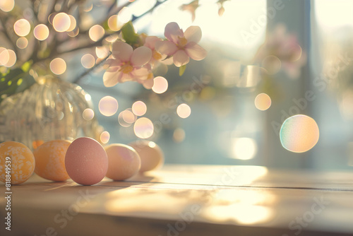 easter table with colorful defocused decorations photo