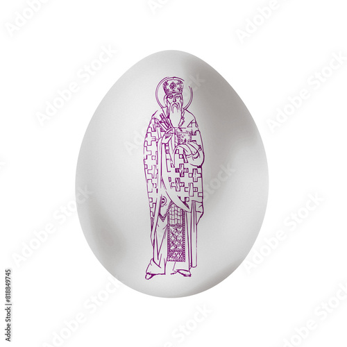 Nikolaj Velimirovich (name english). Orthodox Easter white egg in Byzantine style. Religious illustration isolated photo
