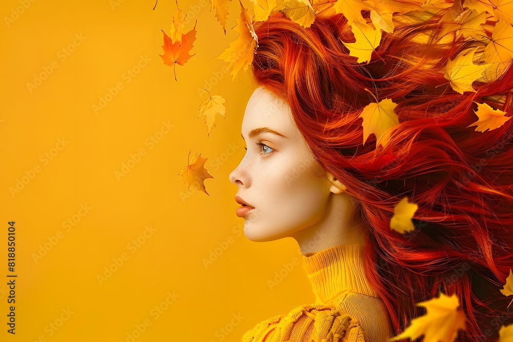 A beautiful girl with red hair and yellow leaves in her flowing hairstyle poses against an orange background, creating a warm autumn atmosphere A beautiful girl with red hair and yellow leaves in her flowing hairstyle poses against an orange background, creating a warm autumn atmosphere