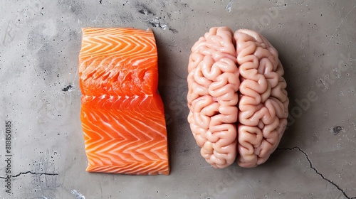  Brain next to salmon on neutral background