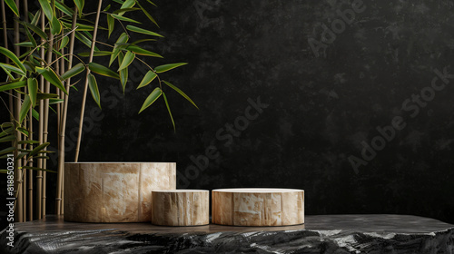 Bamboo stems and plaster podiums on black background -