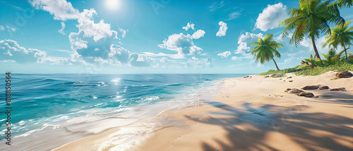 Pristine Beach with Waves Gently Lapping the Shore, Clear Blue Sky Overhead, Ideal for Summer Relaxation
