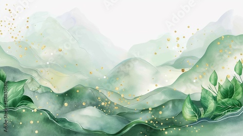 Tree leaves and gold pearls, abstract watercolor hand painting style