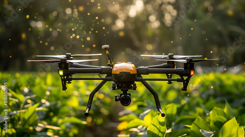 Autonomous drone spraying green fields. Modern farming 