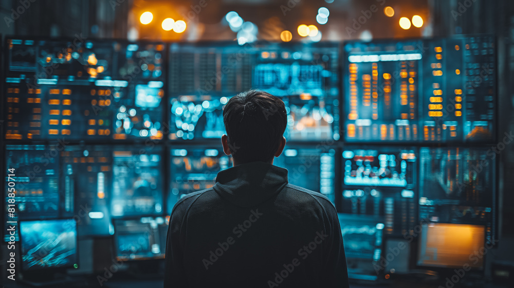 A man is surrounded by multiple screens displaying stock market graphs A man is surrounded by multiple screens displaying stock market graphs