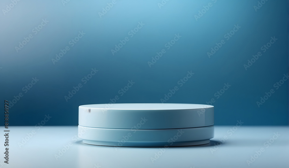 Empty round cylinder platform podium for product or cosmetics presentation on blue background with bokeh Empty round cylinder platform podium for product or cosmetics presentation on blue background with bokeh