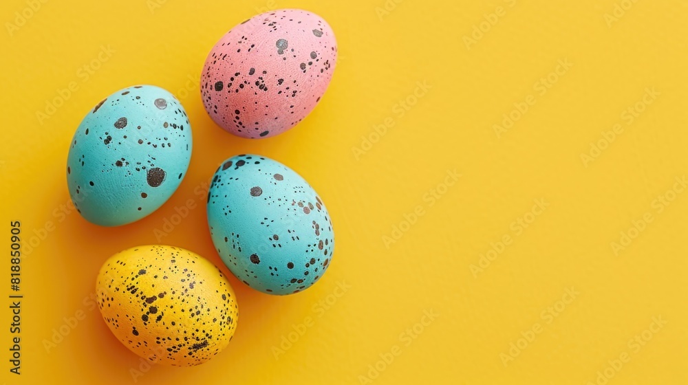 Bright colorful Easter eggs on a yellow background. Easter stylish minimal composition Bright colorful Easter eggs on a yellow background. Easter stylish minimal composition