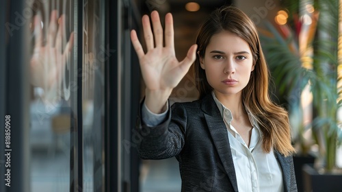 Business woman show stop signal by her hand photo