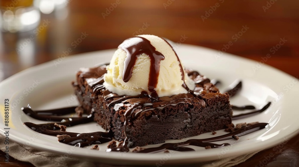 Decadent chocolate brownie topped with vanilla ice cream and drizzled with hot fudge sauce