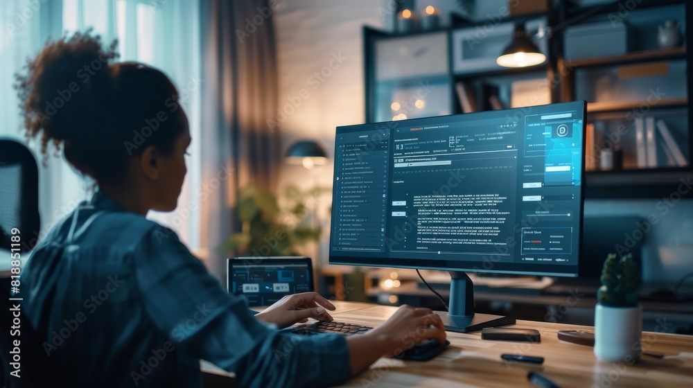 Woman customer in a chat conversation with an AI on computer Woman customer in a chat conversation with an AI on computer