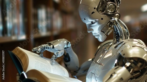 humanoid robot reading paper book and study