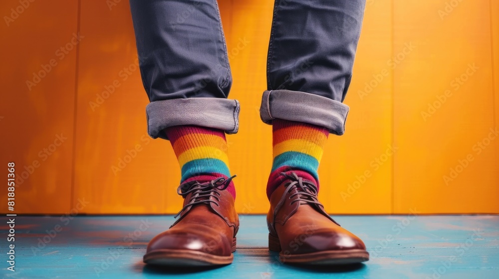 Bright funny socks, trendy shoes and men's legs. Fashion, style, beauty Bright funny socks, trendy shoes and men's legs. Fashion, style, beauty