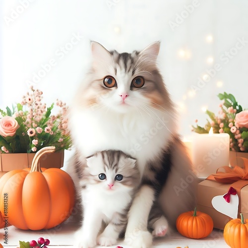 A cat and kitten next to pumpkins and flowers realistic art card design image. © Bradley