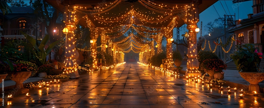 An entrance gate decorated with Diwali lights and garlands An entrance gate decorated with Diwali lights and garlands