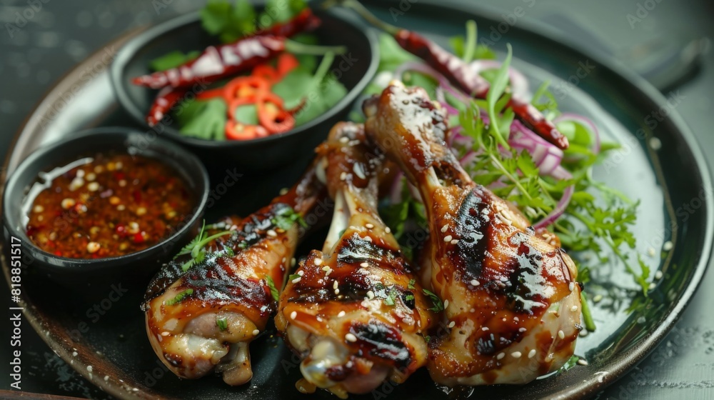 Delicious grilled chicken drumsticks with a side of sweet and spicy sauce Delicious grilled chicken drumsticks with a side of sweet and spicy sauce