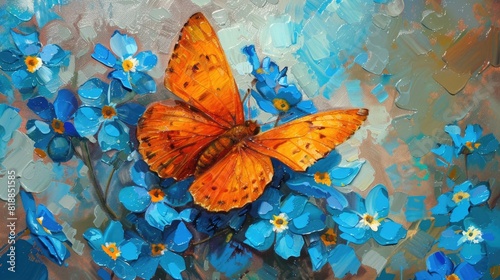 Bright orange butterfly on blue forget-me-not flowers painted with oil paints.