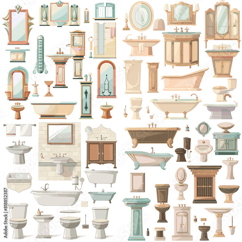 Vintage bathroom elements illustration featuring antique sinks, bathtubs, mirrors, and decor. Ideal for classic home design, luxury renovation, and retro interior inspiration