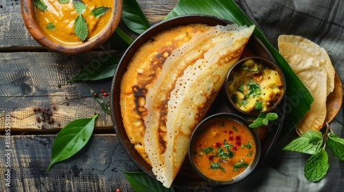 Delicious masala dosa with a side of coconut chutney and sambar photo