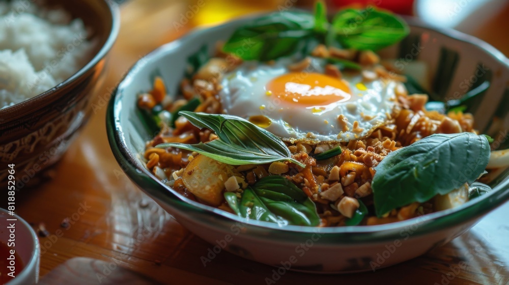 Delicious pad krapow with minced pork, basil leaves, and a fried egg on top Delicious pad krapow with minced pork, basil leaves, and a fried egg on top